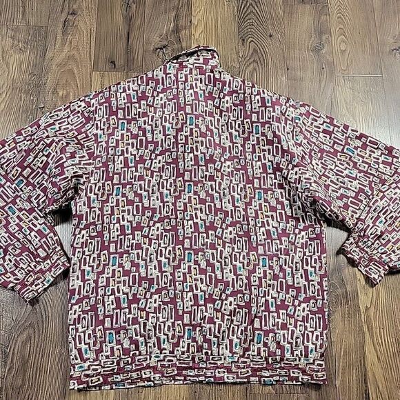 Oleg Cassini Shirt Jacket Womens Large Burgundy Geometric 100% Silk Full Zip - Picture 5 of 8